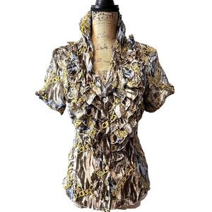 Sao Paulo Women's Semi Sheer Ruffled Chain & Belt Print Short Sleeve Blouse Sz M